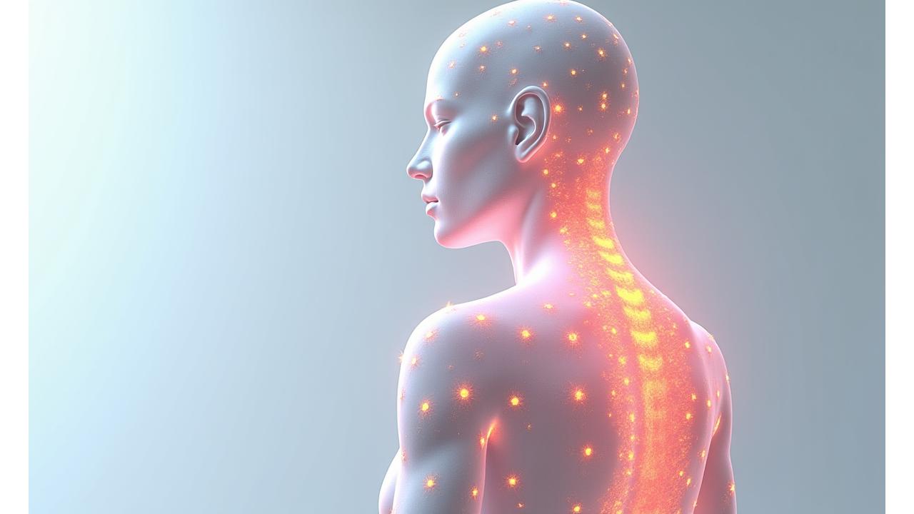 Diagrama interactivă a corpului uman, cu zone evidențiate ce indică detecția a 32 de puncte anatomice și heatmap-uri colorate pentru a arăta tensiunea sau dezechilibrele posturale.