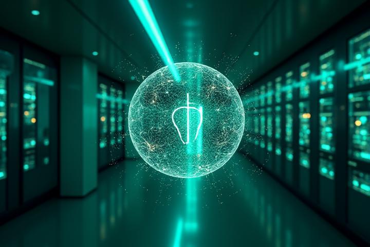 O ilustrație abstractă cu elemente de inteligență artificială și rețele neuronale stilizate, interconectate cu date și simboluri medicale pe un fundal cu nuanțe de verde și albastru.