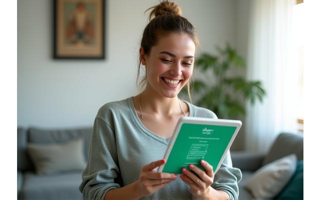 O persoană energică zâmbește în timp ce folosește o tabletă pentru a naviga pe platforma VitaVie, cu un fundal verde deschis ce simbolizează sănătatea și un stil de viață activ.