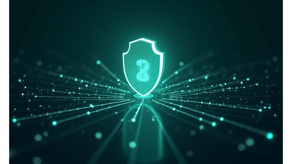 Imagine ce ilustrează protecția datelor cu caracter personal, cu elemente stilizate de securitate digitală și un scut, simbolizând confidențialitatea utilizatorilor.
