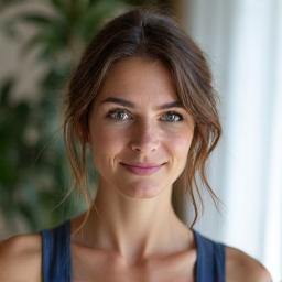 Portretul Anei Gheorghiu, o instructor de yoga calmă și senină, într-o postură ușoară de yoga.